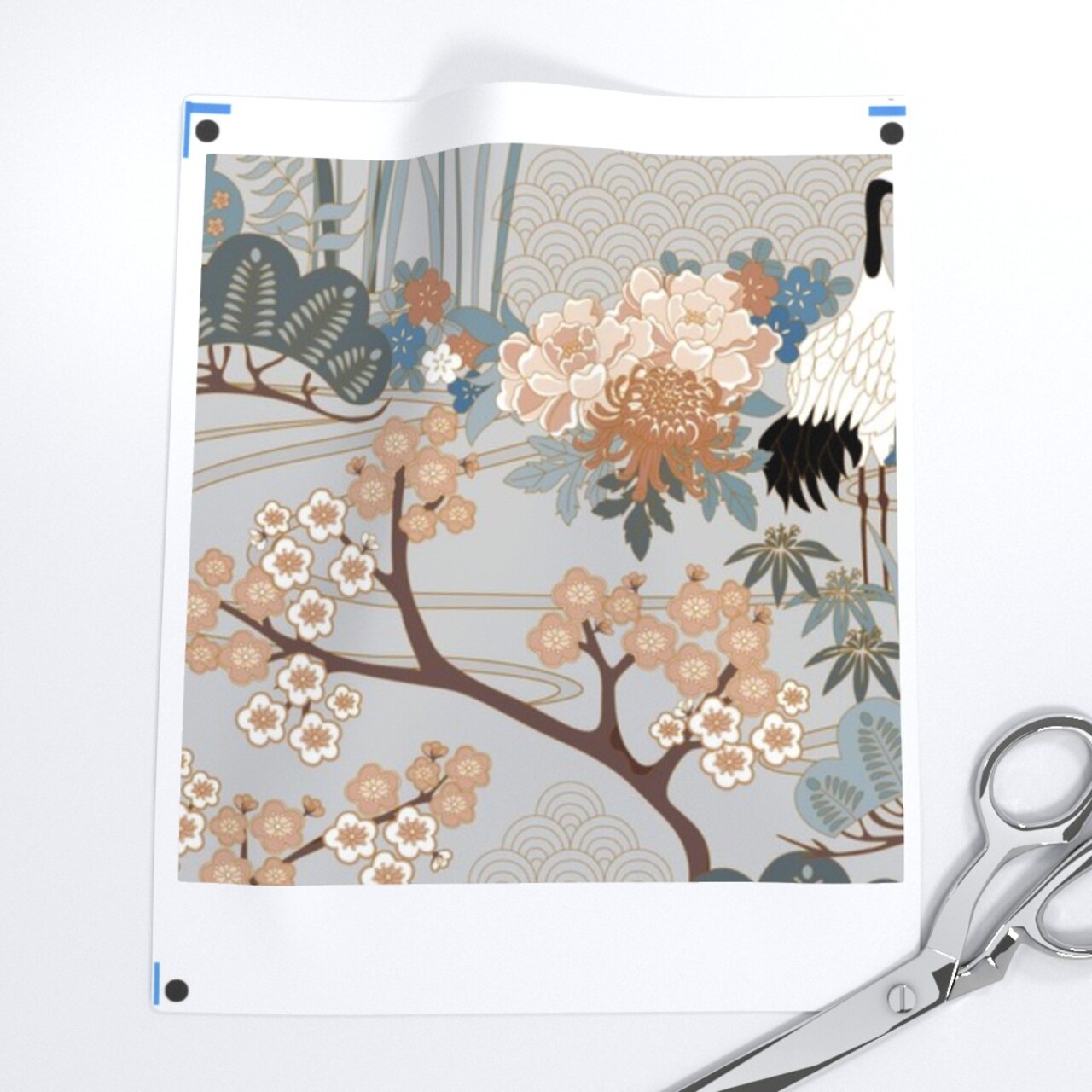 Japanese Garden Cranes Sakura Blossoms Cherry Trees Sashiko Pattern Custom Printed Fabric by Spoonflower Various Fabrics by the Yard or Fat Quarter